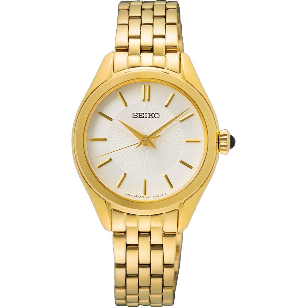 Reloj de dama Seiko con caja dorada, esfera blanca y correa de malla dorada.