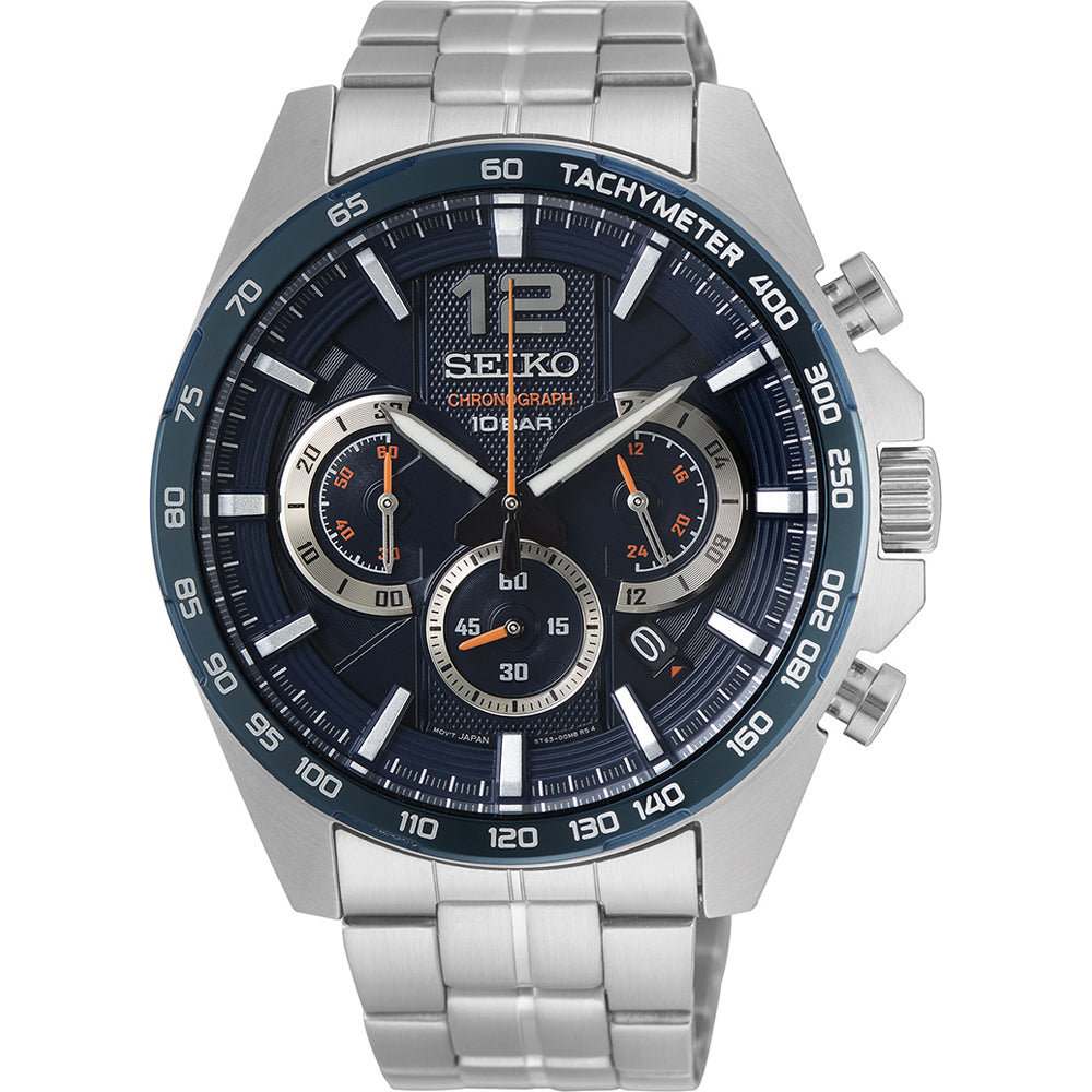 Reloj de hombre Seiko con caja de acero inoxidable, esfera azul y cronógrafo, correa de acero.