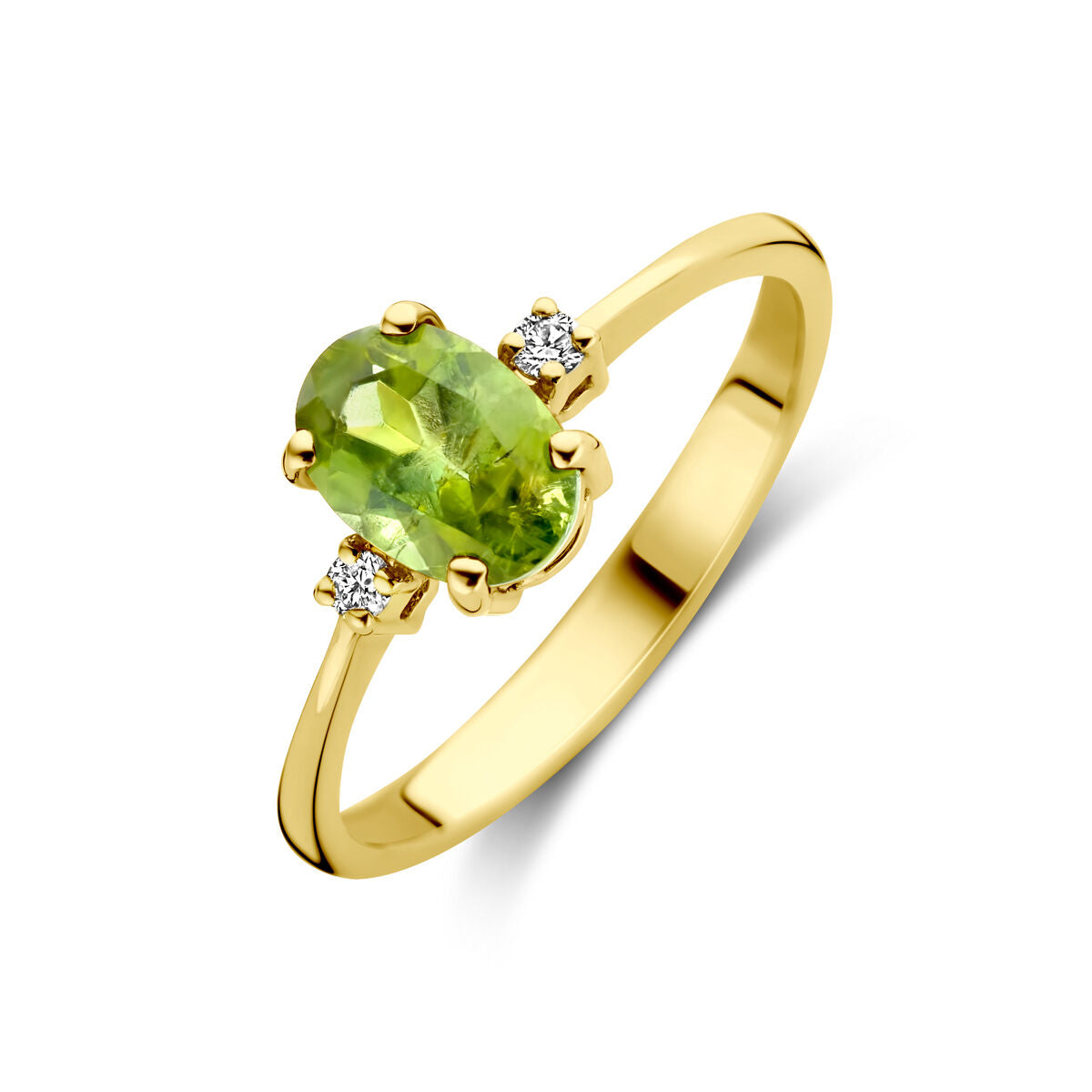 Anillo de trilogía con piedra de turmalina verde y diamantes de 0.04 ct en oro amarillo de 14K.