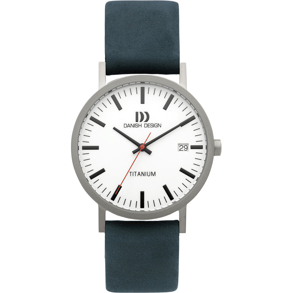 Reloj de titanio con esfera blanca, correa de silicona gris y detalles en negro.