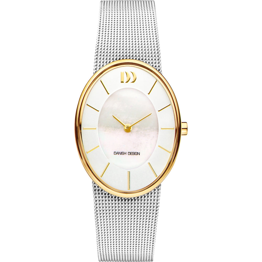 Reloj de dama con esfera blanca, caja ovalada dorada y correa de malla plateada.