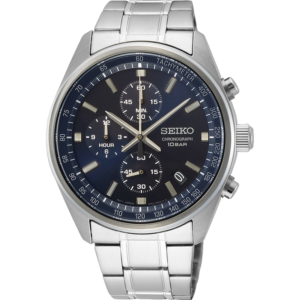 Reloj de hombre Seiko con esfera azul, caja de acero inoxidable y pulsera de acero.