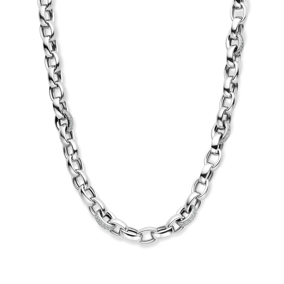 Collar de eslabones ovalados de plata rhodium con circonitas de 7,5 mm y 45 cm de largo.