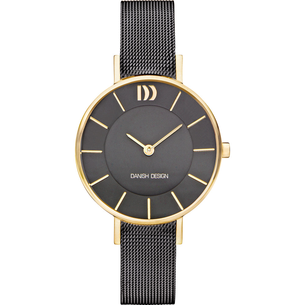 Reloj con esfera negra, caja dorada y correa de malla metálica.