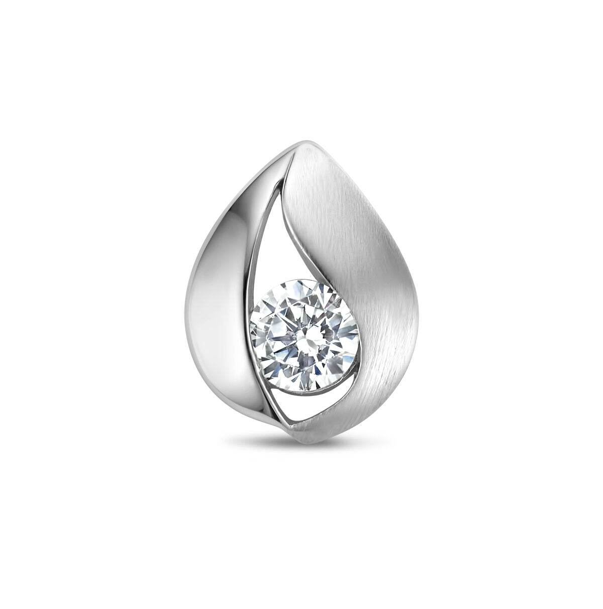 Colgante en forma de gota de plata pulida y mate, con zirconia brillante en el centro.