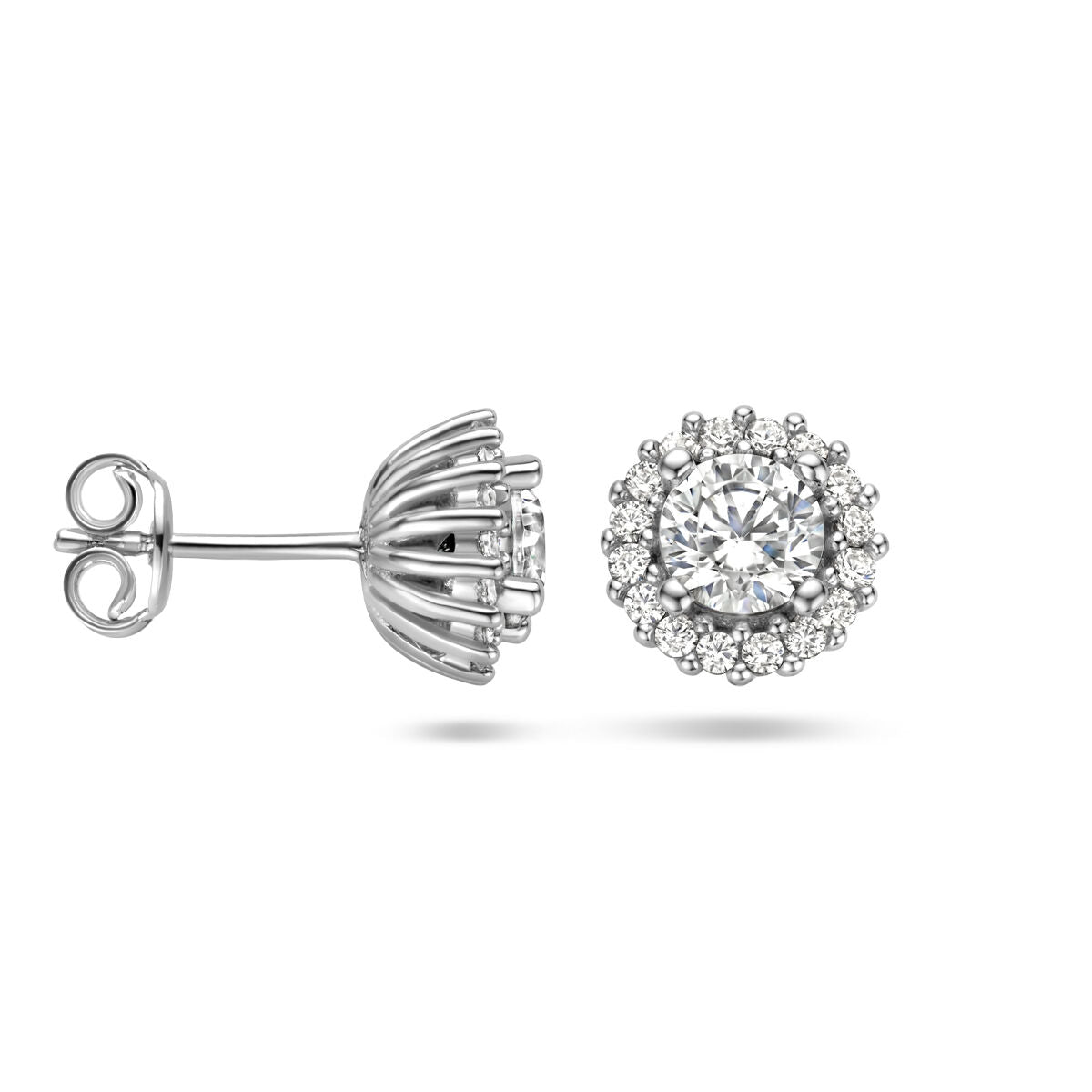 pendientes de botón zircón halo plata rodiado