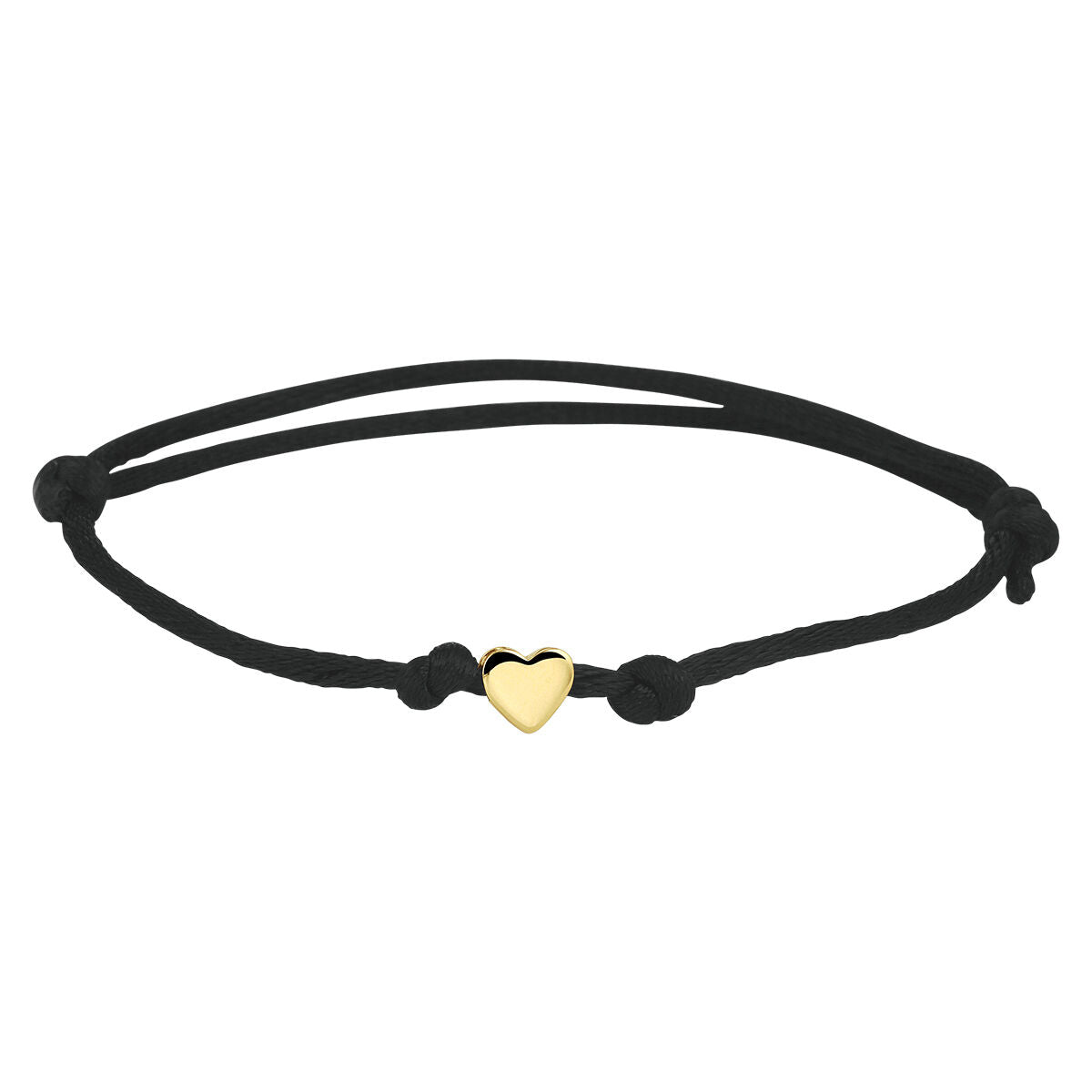 Pulsera de satén negra con corazón de oro de 14K y detalles en goma/nylon/cuero.