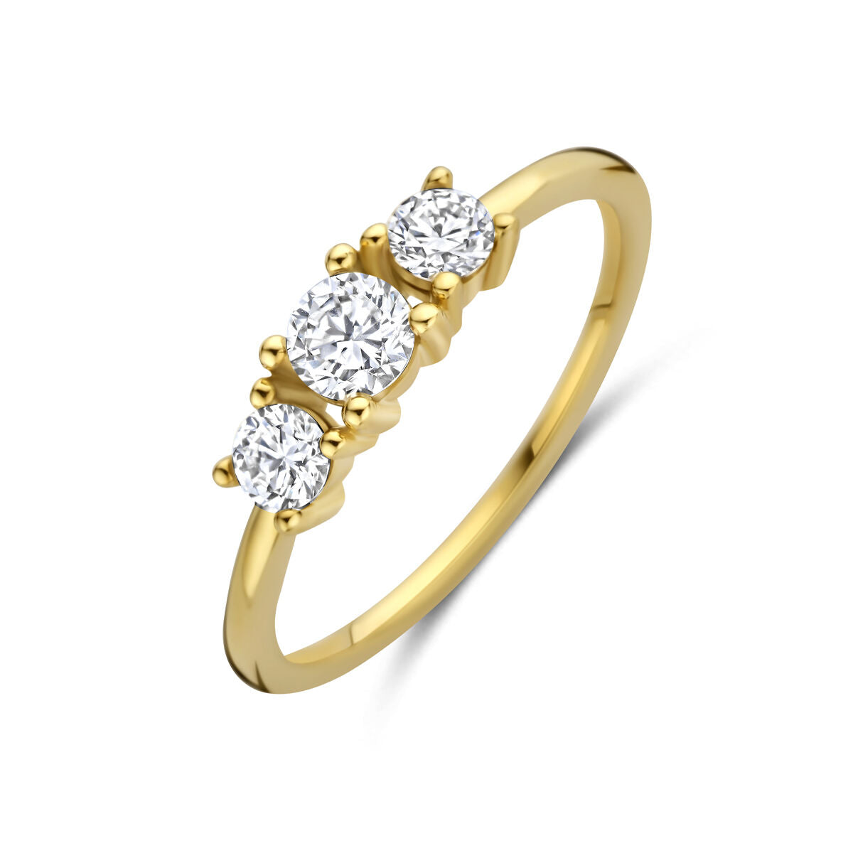 Anillo de dama en oro amarillo de 14k con tres diamantes lab-grown brillantes.