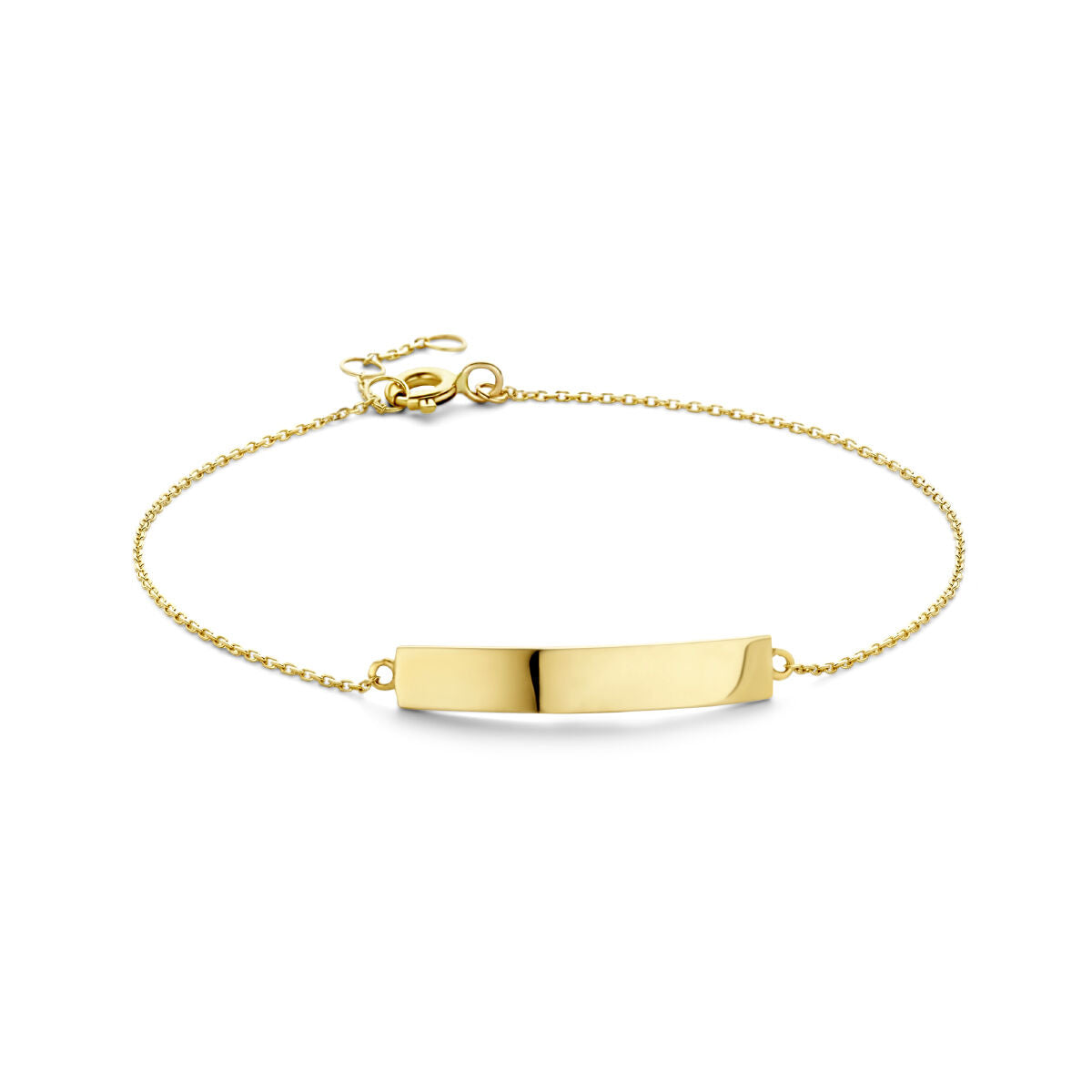 Pulsera de 14K en oro amarillo con placa rectangular lisa y cadena delicada.