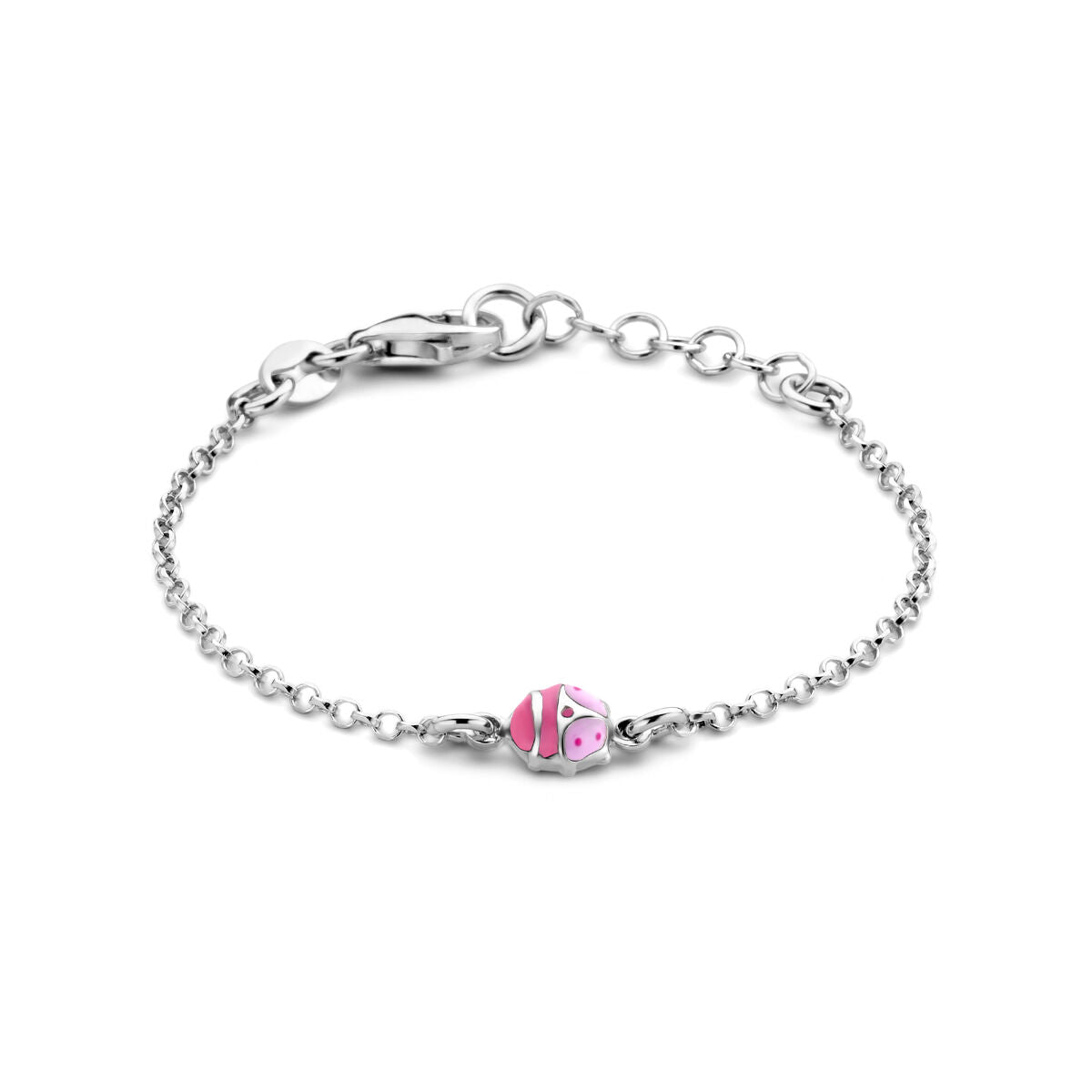 Pulsera de plata rodiada con un charm de mariquita en tonos rosa y blanco.