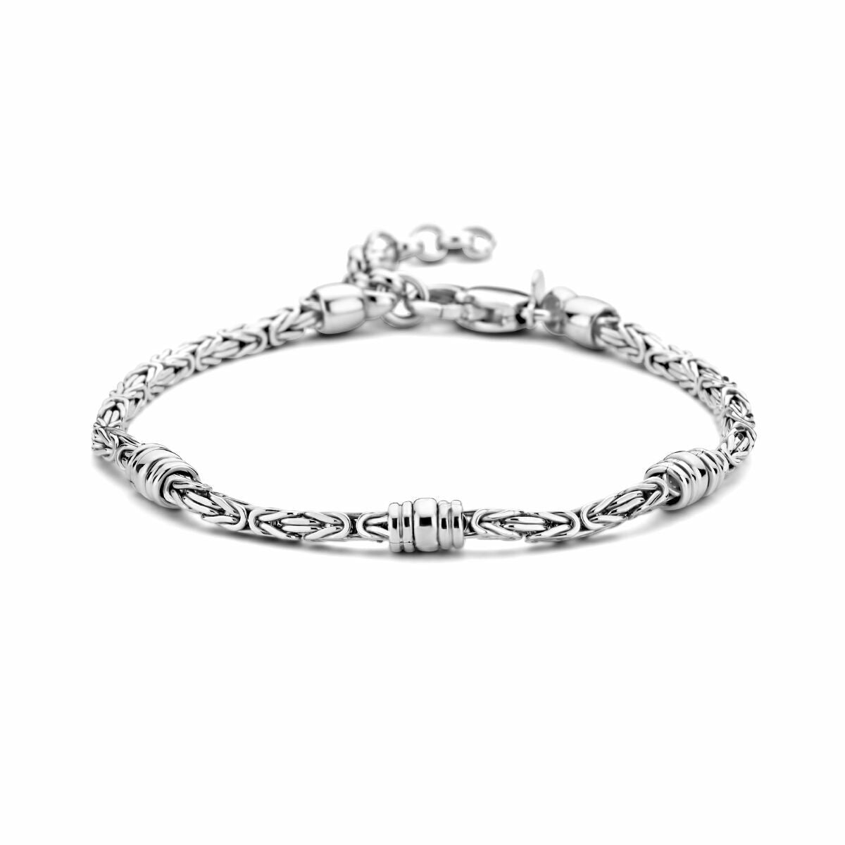 Pulsera de plata rhodium con eslabones de 2,5 mm y detalles decorativos, longitud de 18 + 3 cm.