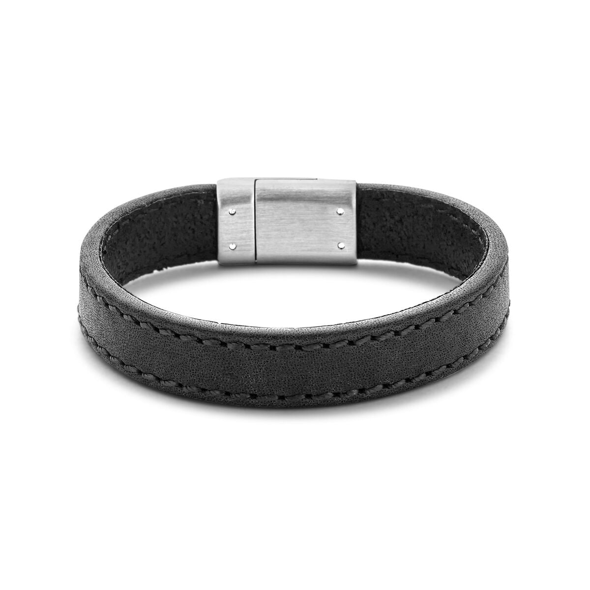 Pulsera de cuero negro de 12,5 mm con cierre de acero inoxidable.