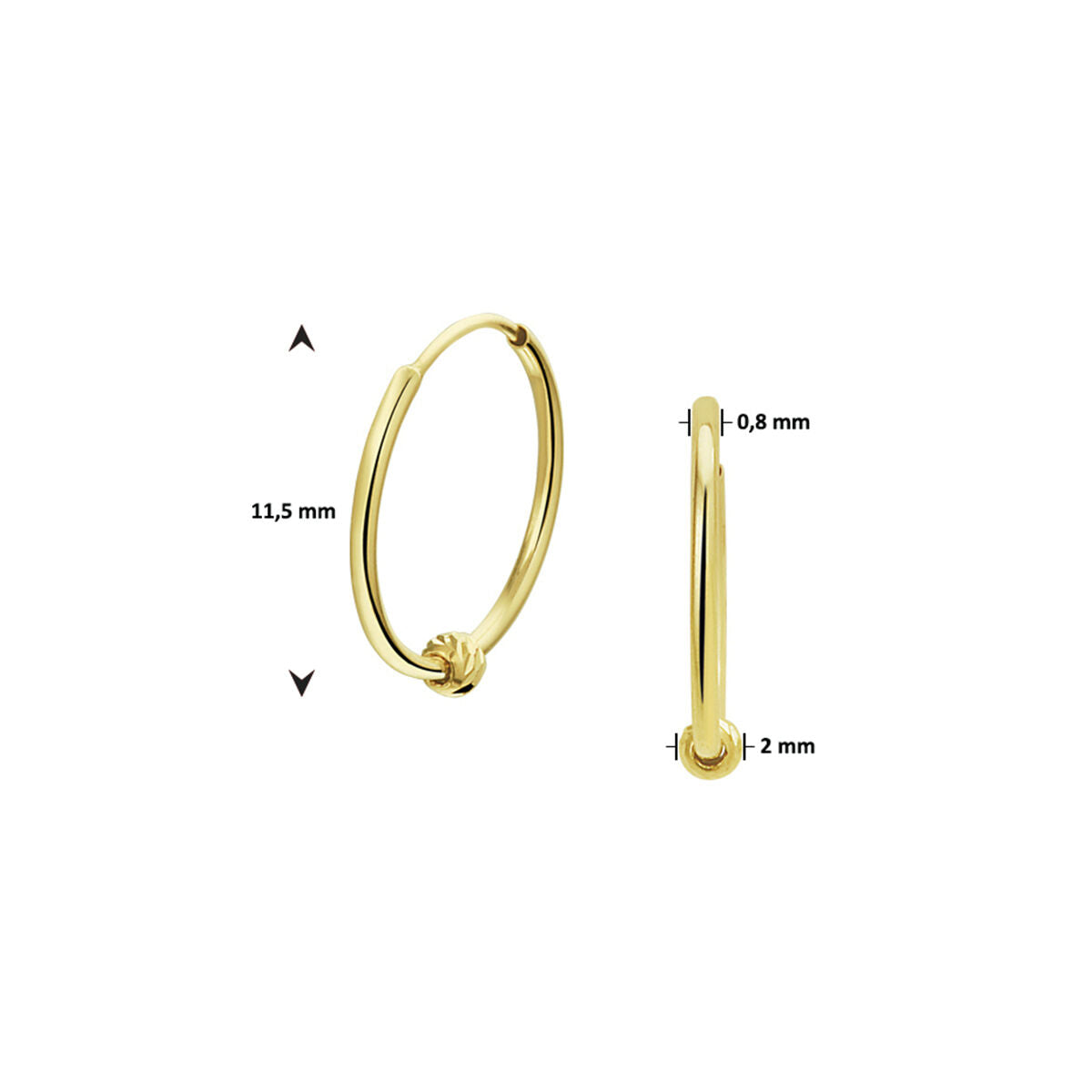Gouden oorringen, getoond vanaf de zijkant en voorkant, hebben een klein knoopdetail. Gemaakt als "oorringen bolletje 14K geelgoud" door Van der Kooij Collectie. Maat: 11,5 mm diameter, 2 mm knoop, 0,8 mm hoepeldikte.