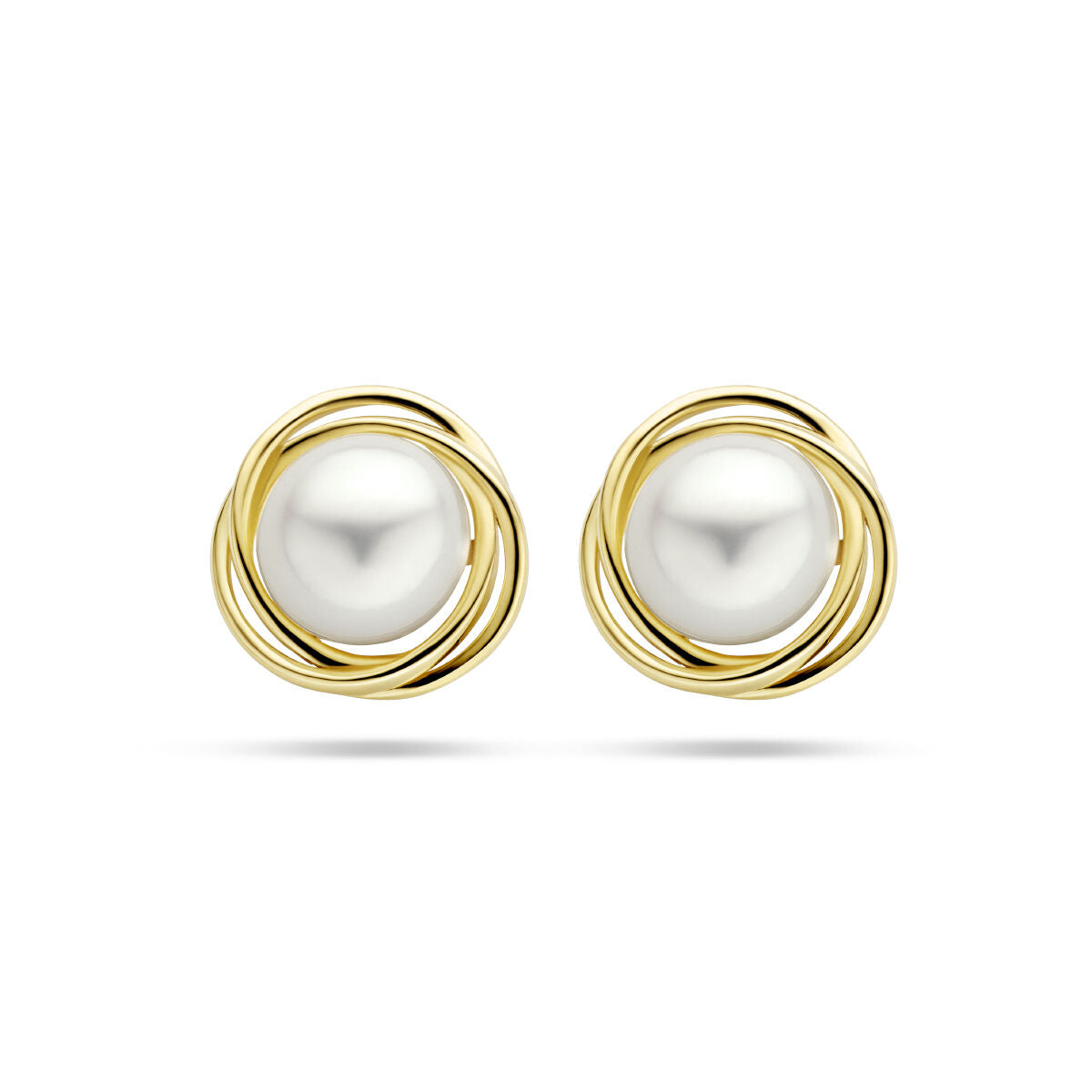 Pendientes de perla en oro amarillo de 14 quilates con diseño en espiral.