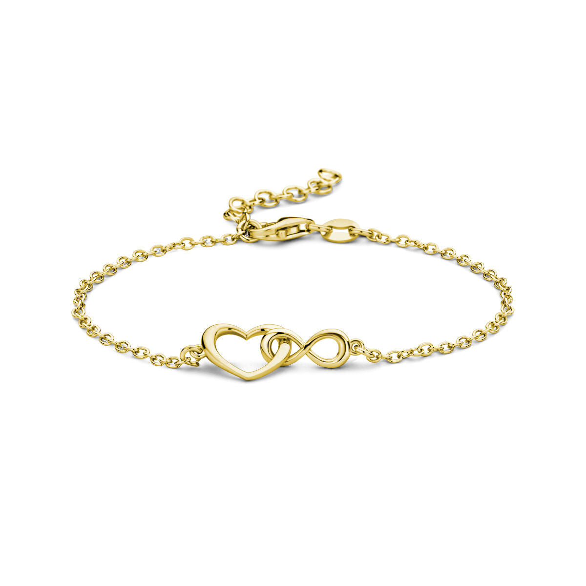 Pulsera de plata dorada de 16 + 3 cm con un diseño de corazón y símbolo de infinito.