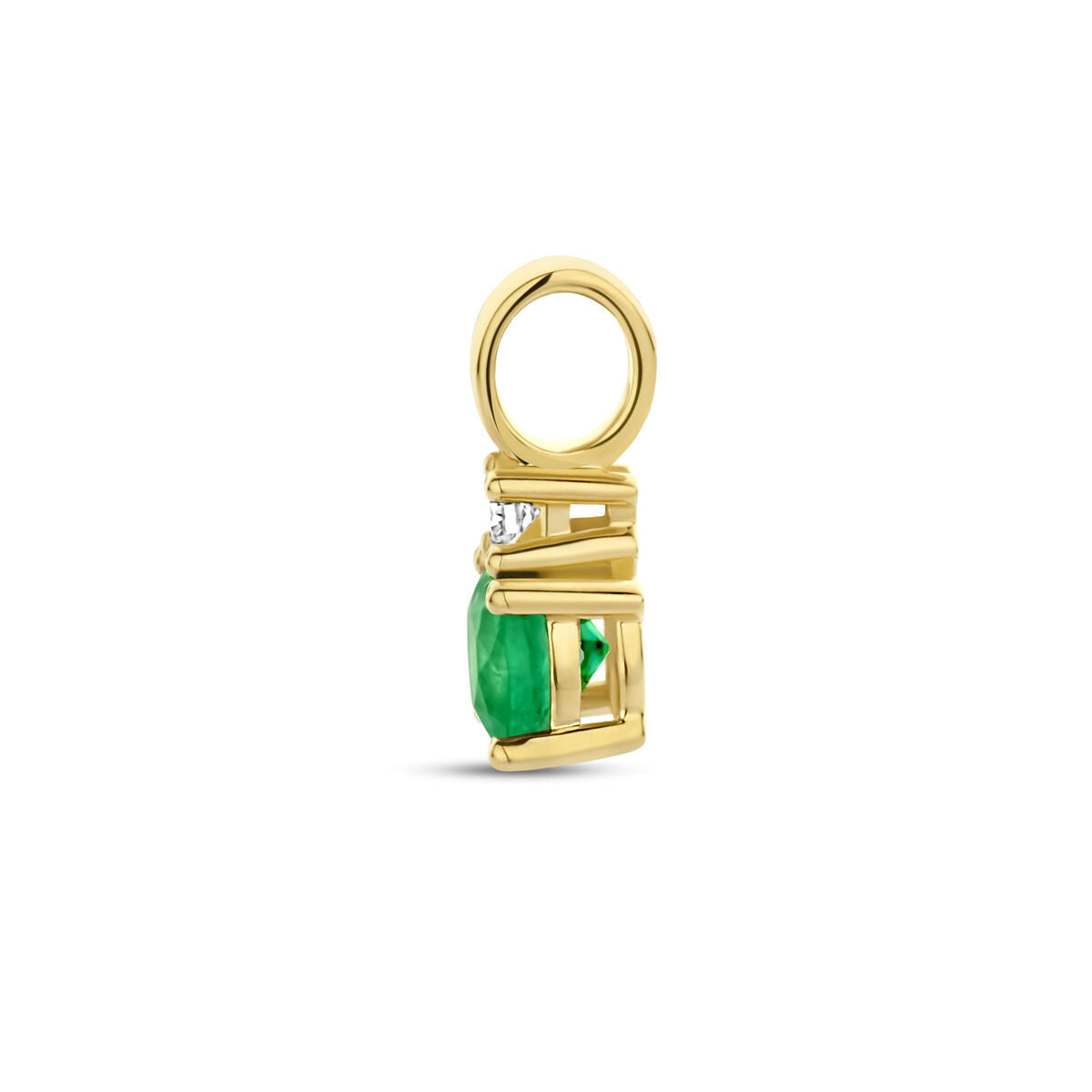 De Van der Kooij Collectie hanger smaragd en diamant 0.02ct h p1 14K geelgoud is een dames sieraad met geometrische vormen, een smaragd en diamant, gefotografeerd op een witte achtergrond.