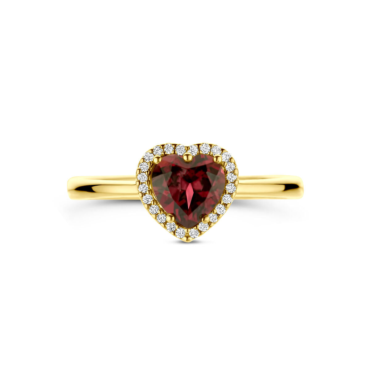 anillo corazón de rodolita rosa y diamante 0.06ct h si oro amarillo 14K
