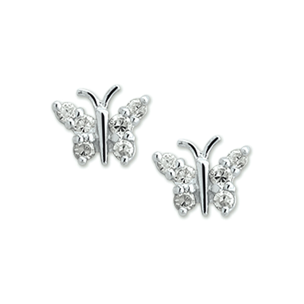 Pendientes de mariposa de plata rodiada con circonitas brillantes.