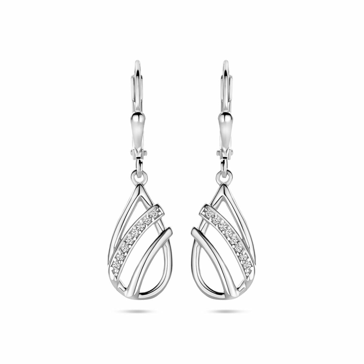Pendientes largos de plata rodiada en forma de gota con zirconias brillantes.