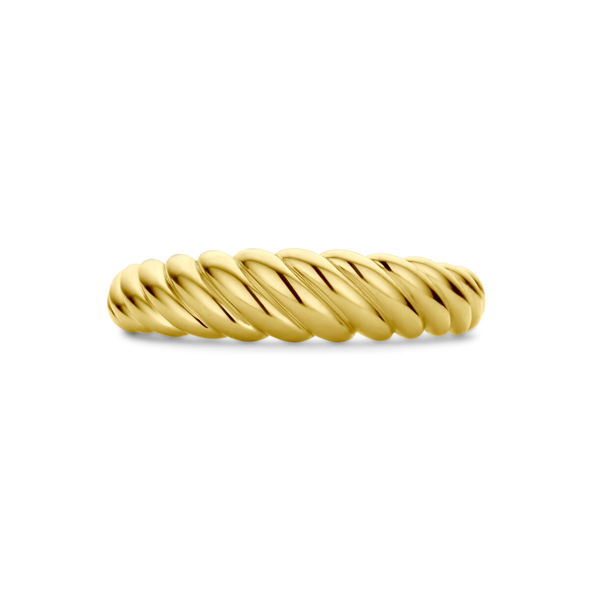 De Van der Kooij Collectie ring gedraaid 14K geelgoud heeft een gedraaid ontwerp tegen een effen witte achtergrond.