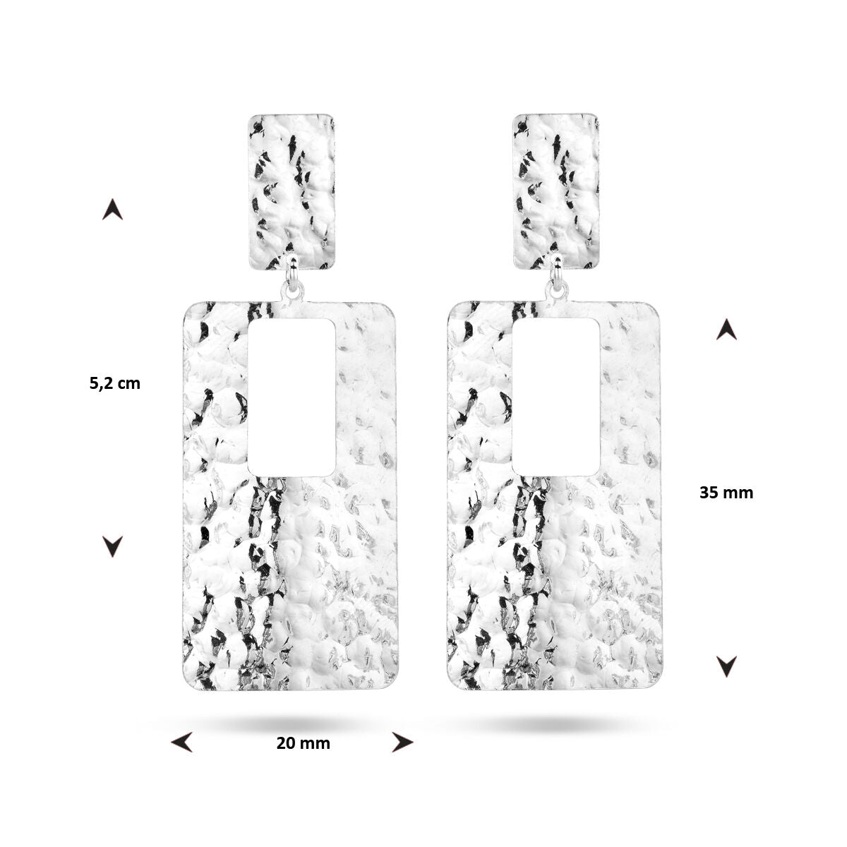 pendientes rectangulares martillados de plata rodiada