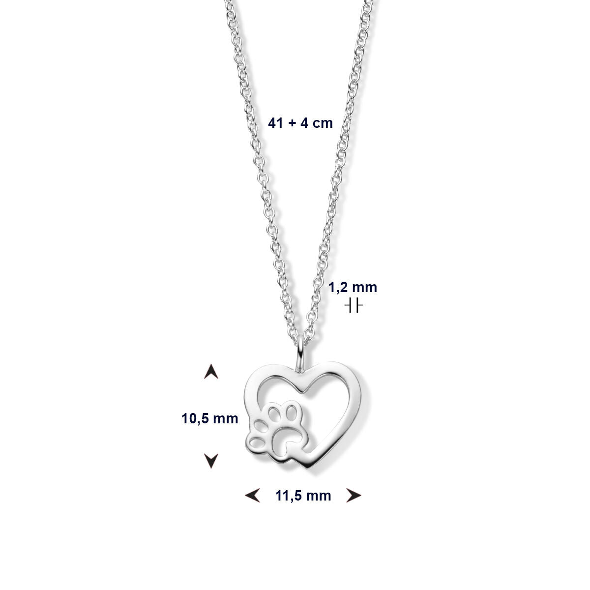 collar corazón huella de perro 41 + 4 cm plata rodiada