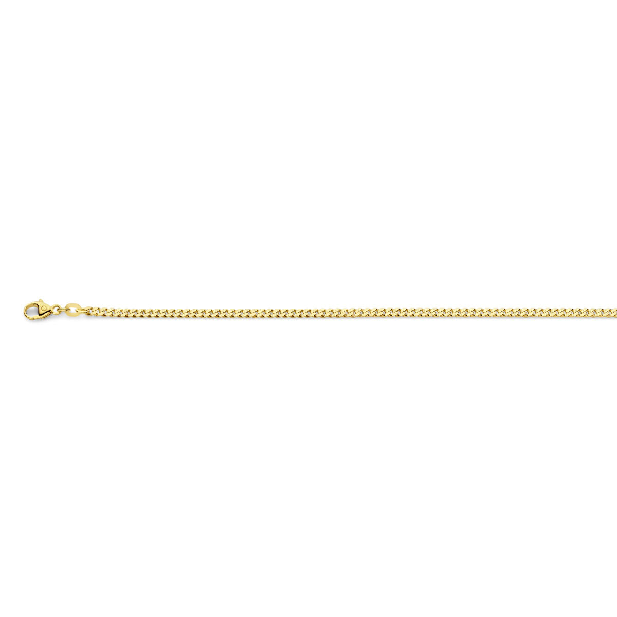 Cadena gourmette de 2,4 mm, maciza en oro amarillo de 14K, con acabado pulido en cuatro lados.