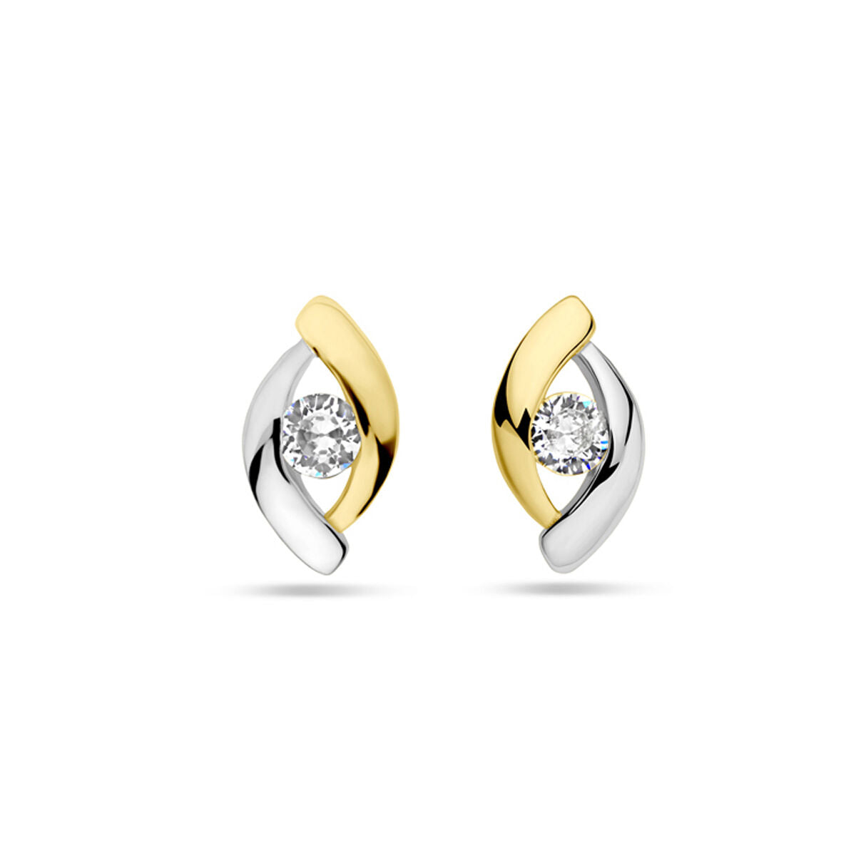 Pendientes de zircón con diseño en plata dorada y plateada, con un brillante en el centro.