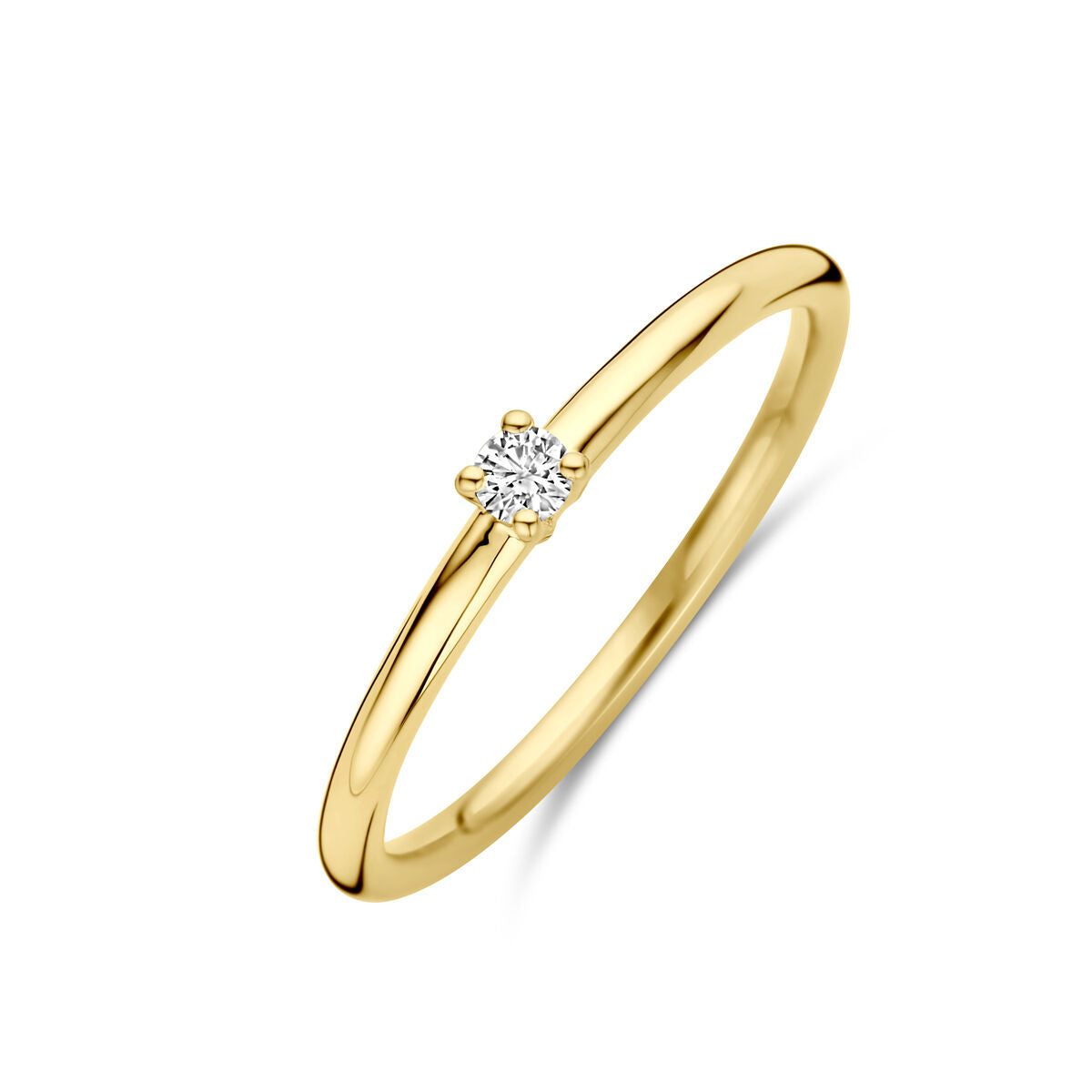 Anillo de oro amarillo de 14 quilates con un diamante de 0.05 ct en engaste de cuatro garras.