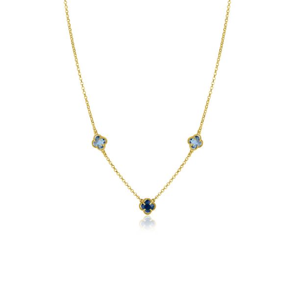 Cadena dorada con tres detalles en forma de flor, dos azules y uno negro en el centro.