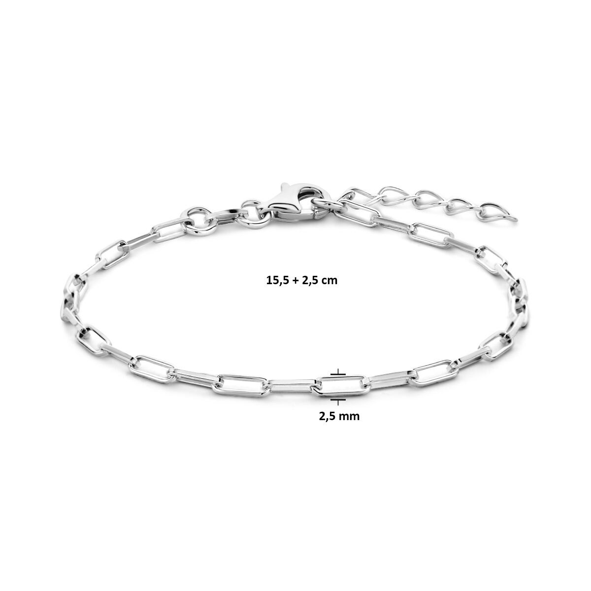 pulsera paperclip tubo cuadrado 2,3 mm 15,5 + 2,5 cm plata rodiada