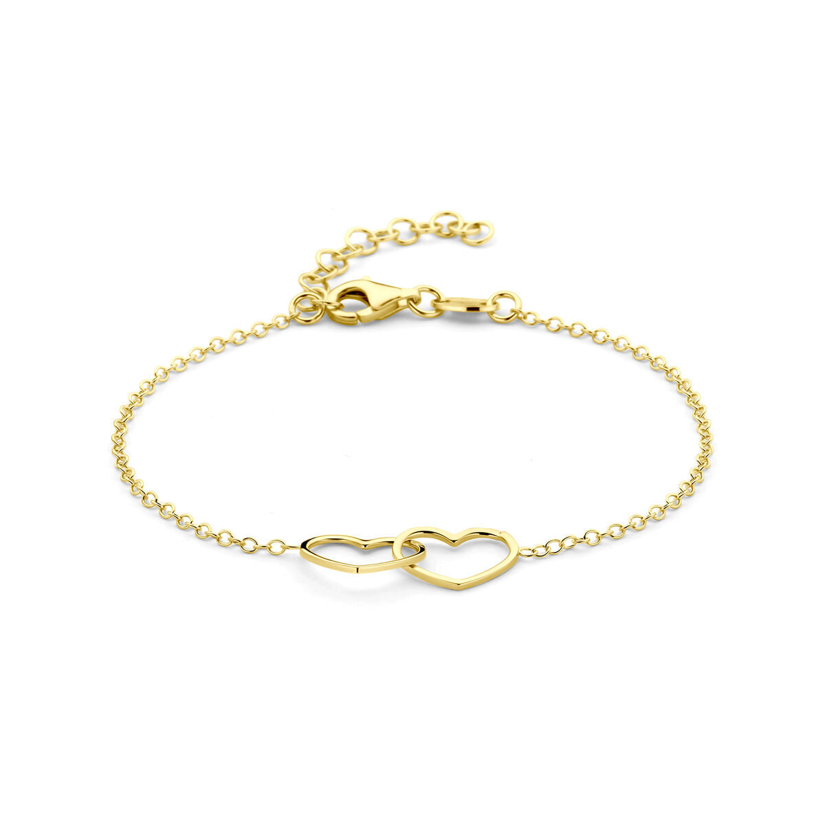 Pulsera de eslabones dorada con dos corazones entrelazados, ajustable de 16 a 19 cm.