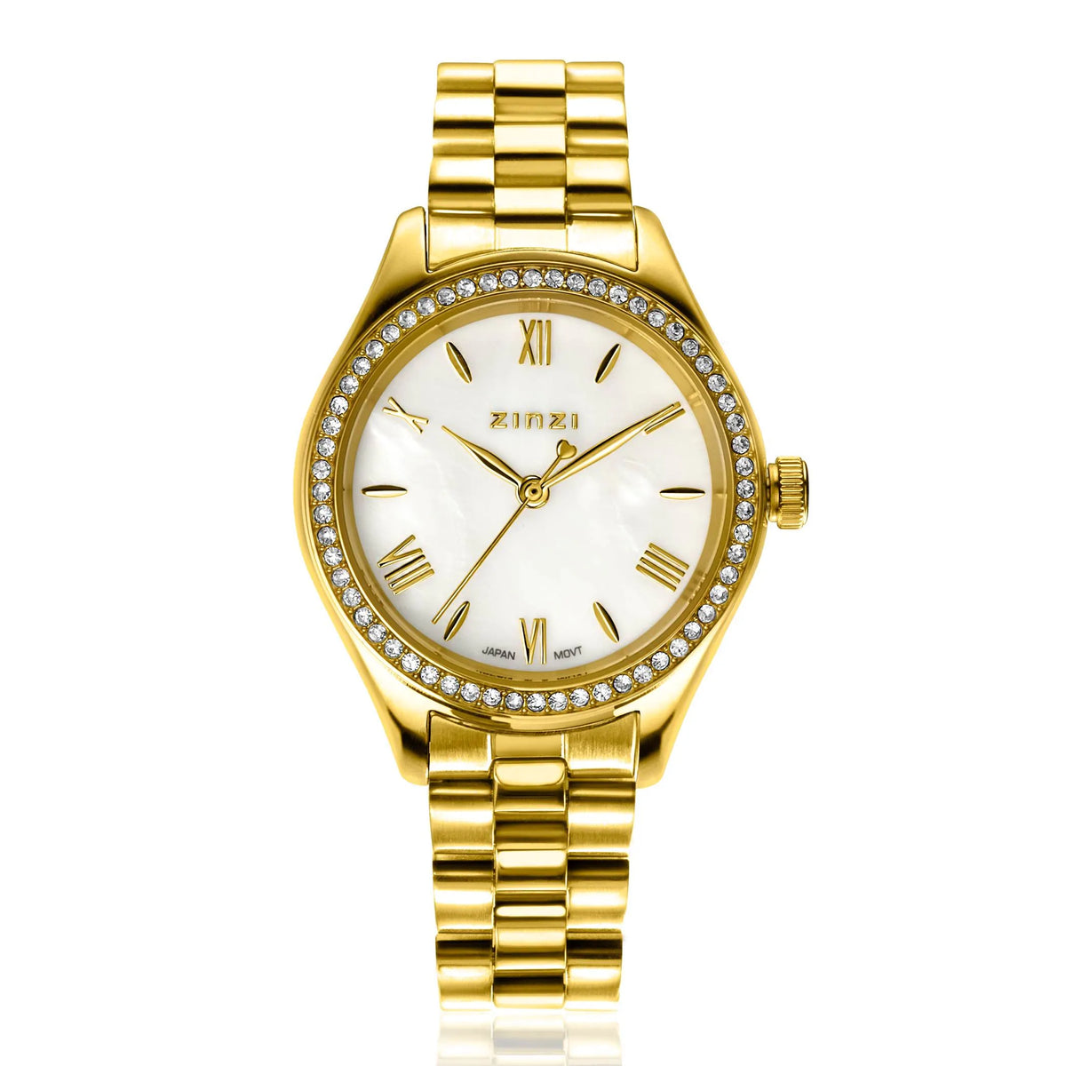 Reloj dorado de acero con esfera blanca y detalles de cristales en el bisel.
