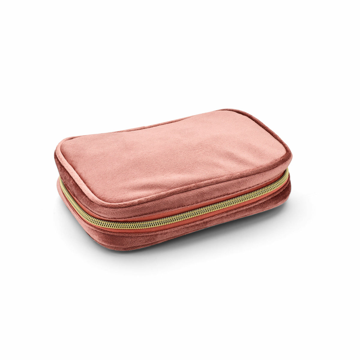 Caja de joyería compacta y elegante en color rosa.