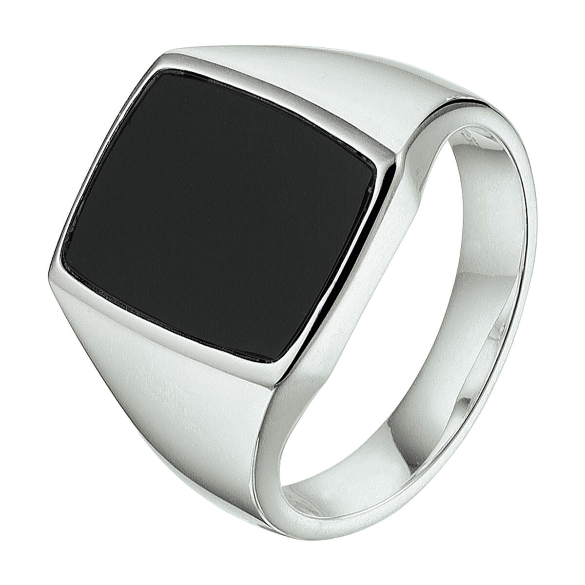 Anillo de sello de plata rodiada con piedra de ónix negra, forma cuadrada y acabado pulido.