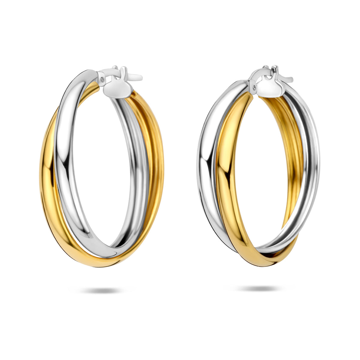 Pendientes de aro bicolor en plata 925, con un diseño entrelazado en tonos plateado y dorado.