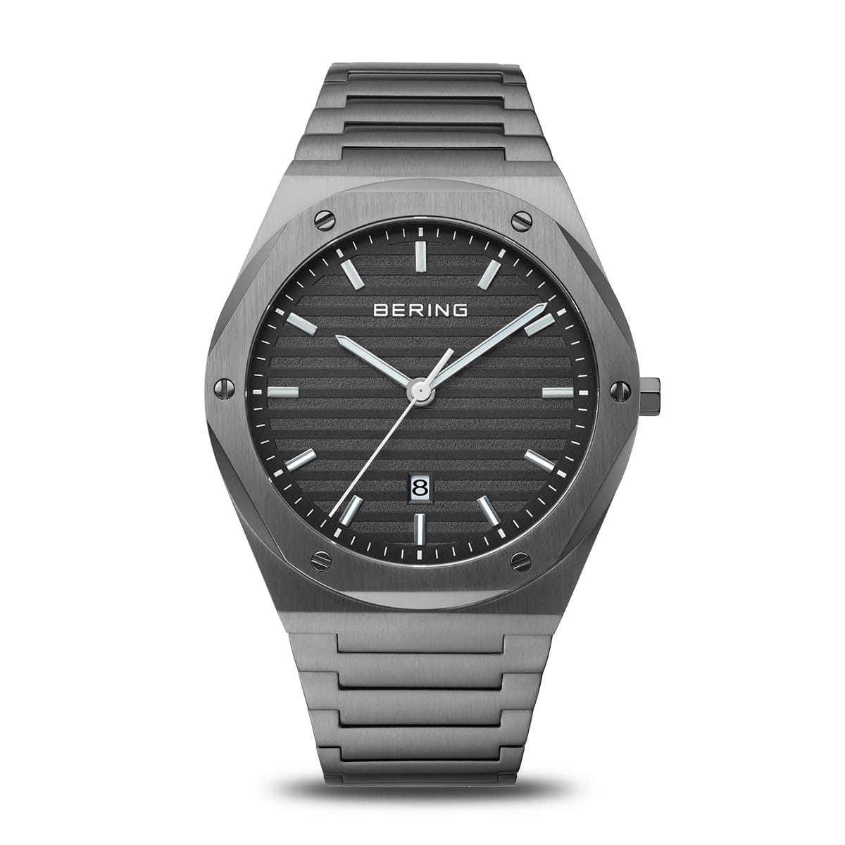 Reloj de hombre con esfera gris, caja y correa de acero inoxidable, diseño moderno y detalles en relieve.