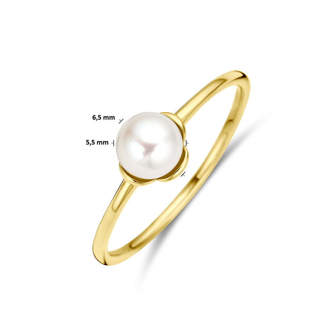 Een ring bloem parel 14K geelgoud uit de Van der Kooij Collectie, met centraal een ronde witte parel van 6,5 mm en 5,5 mm diameter op de foto, afgebeeld tegen een effen witte achtergrond.