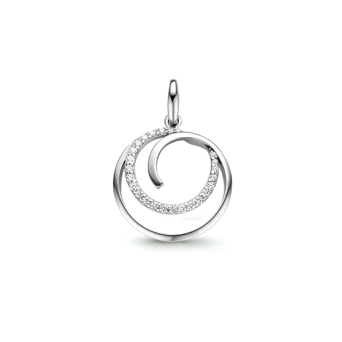 Colgante de plata rodiada con diseño en espiral y detalles de circonitas brillantes.