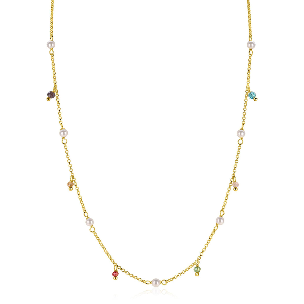 Cadena de plata bañada en oro con perlas y charms de colores.