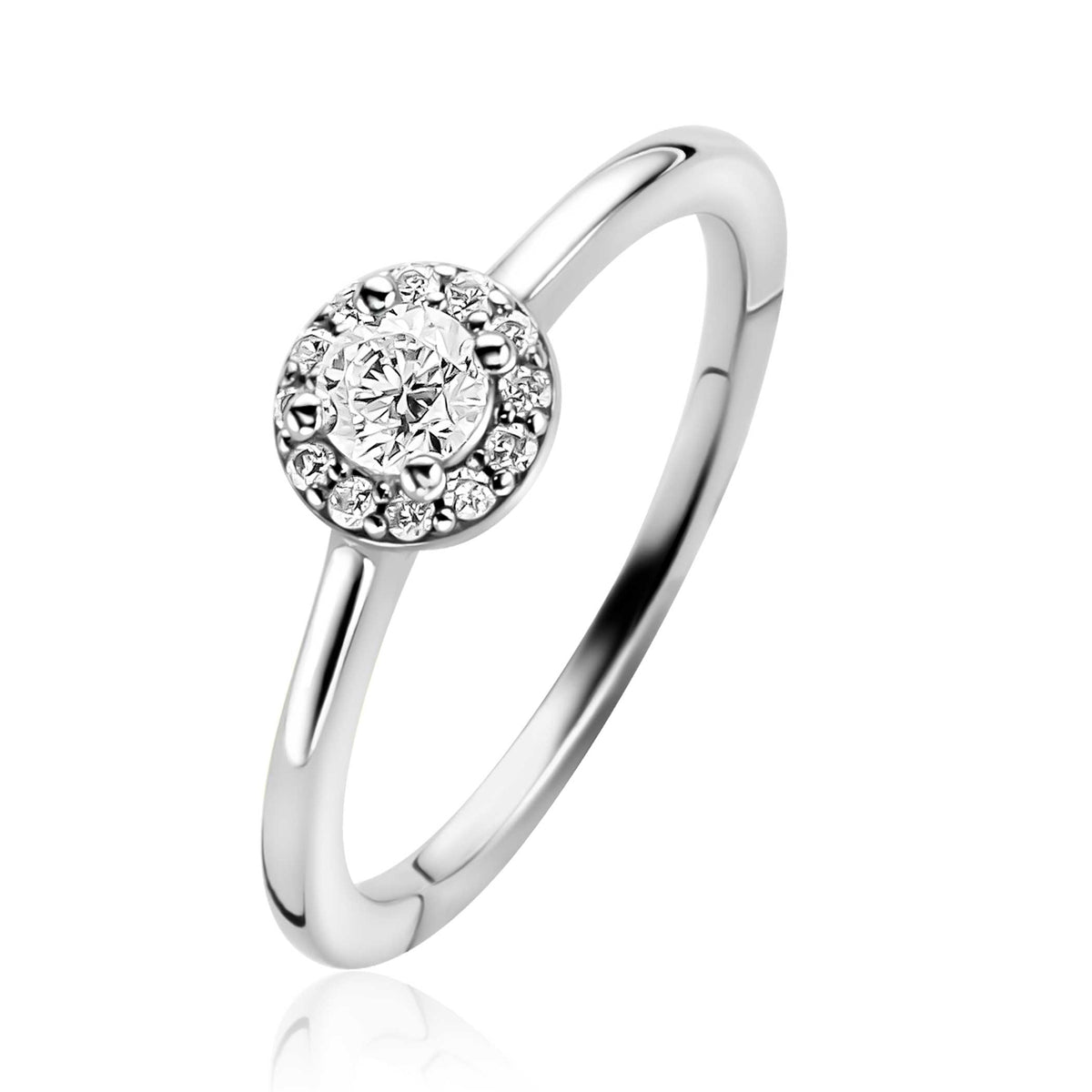 Anillo de plata con un brillante central rodeado de circonitas.