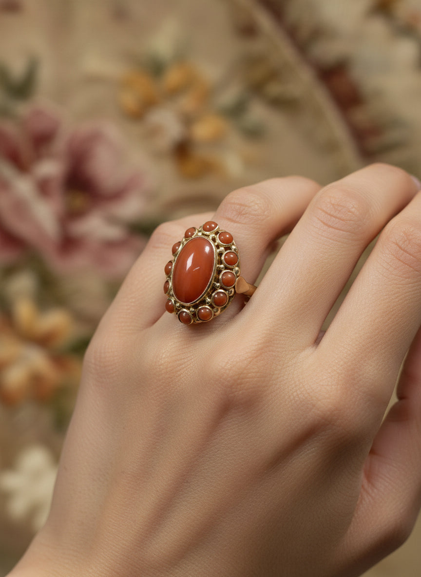 anillo vintage de oro 14k coral rojo 3.5gr