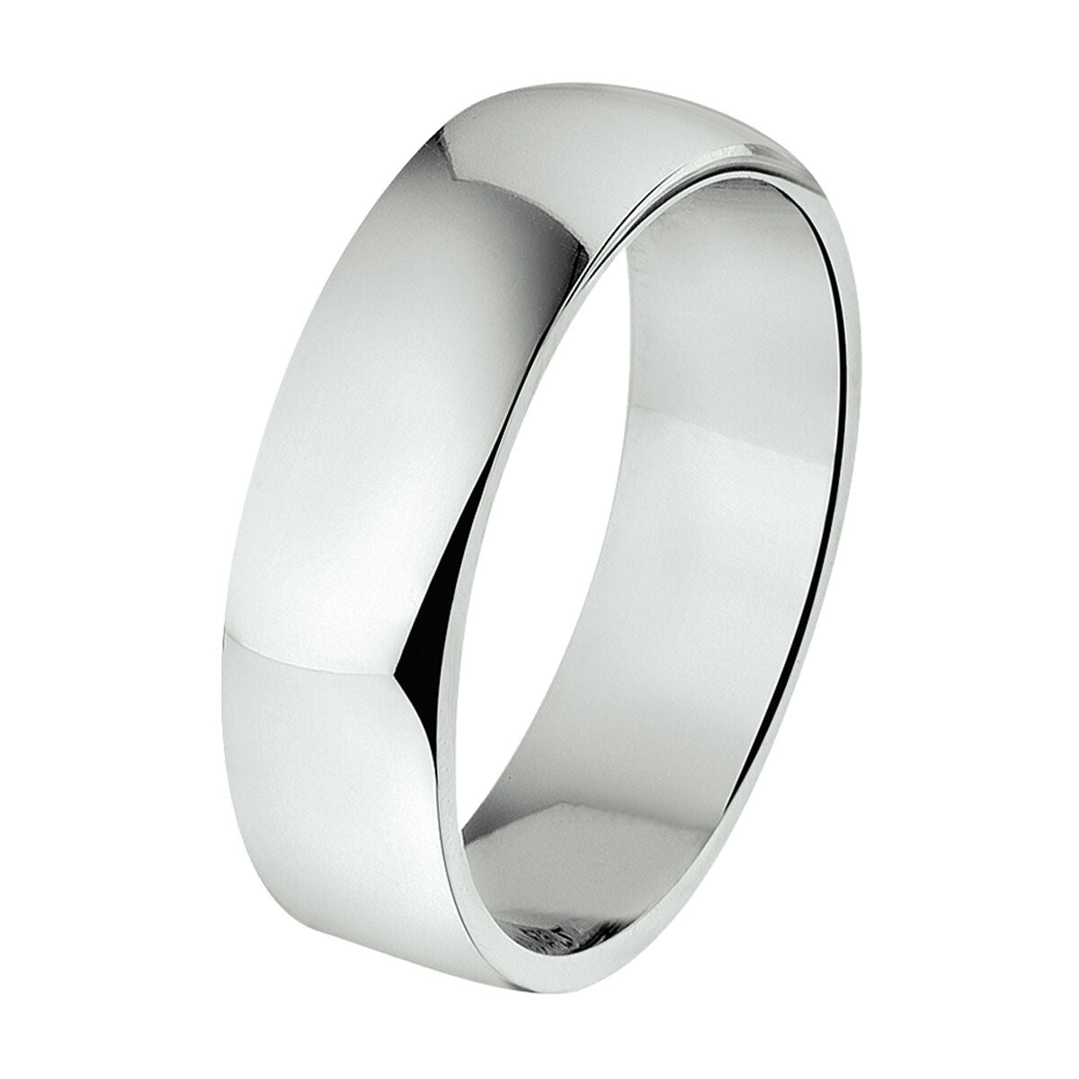 Anillo de plata rhodinado de 6 mm, con acabado pulido y forma lisa.