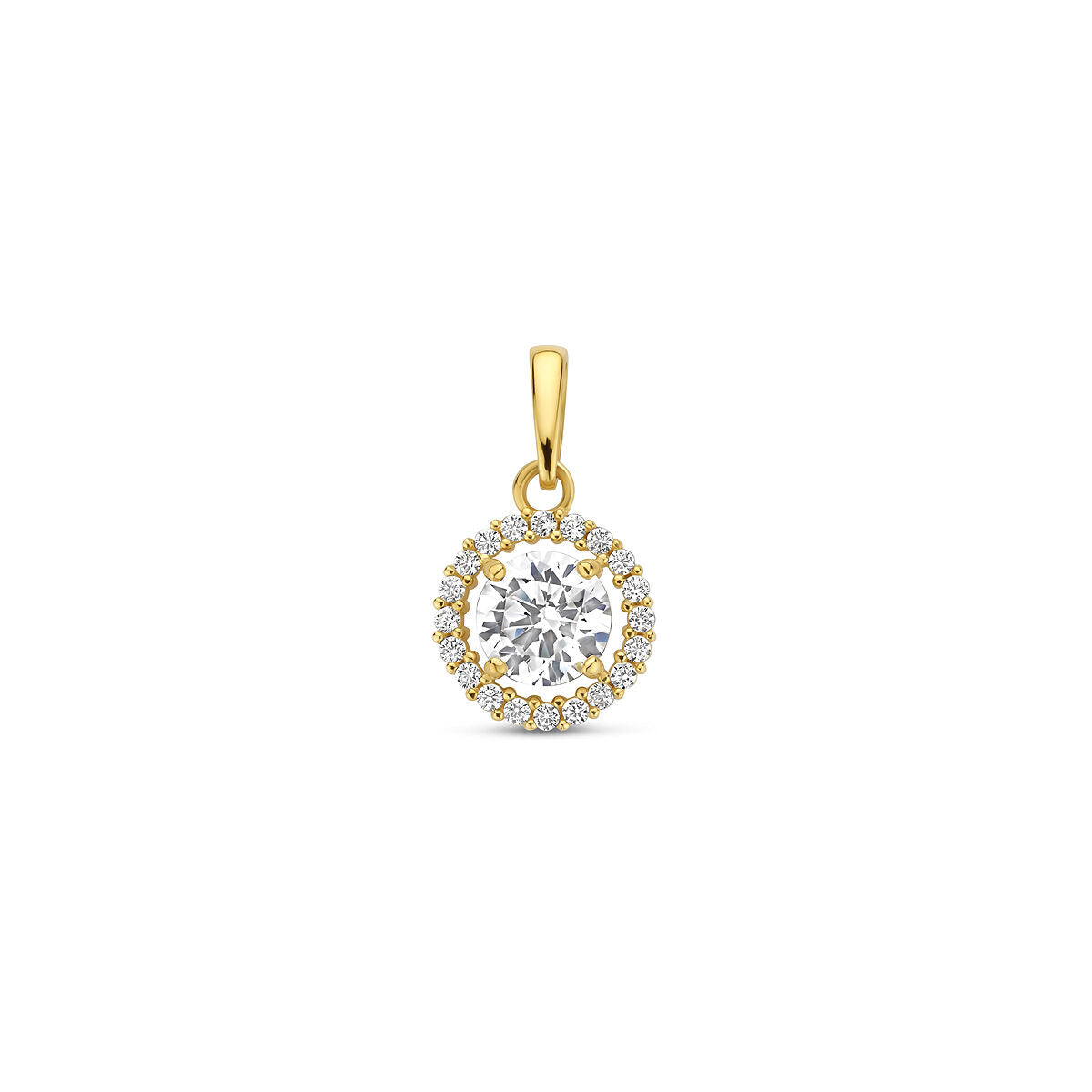 Colgante de oro amarillo de 9 quilates con circonitas brillantes alrededor de una piedra central.