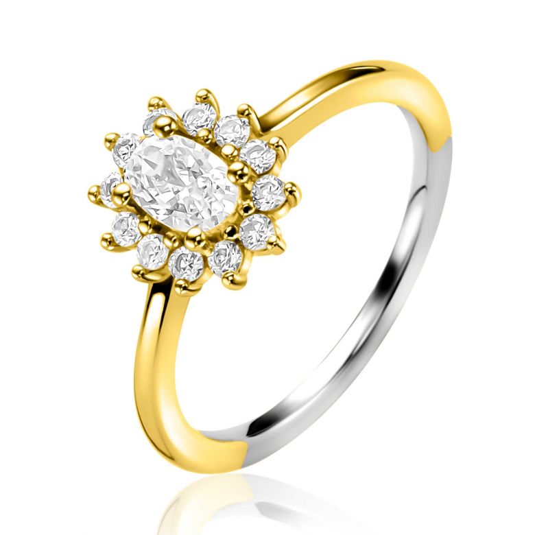 Anillo dorado con piedra ovalada central y circonitas brillantes alrededor.