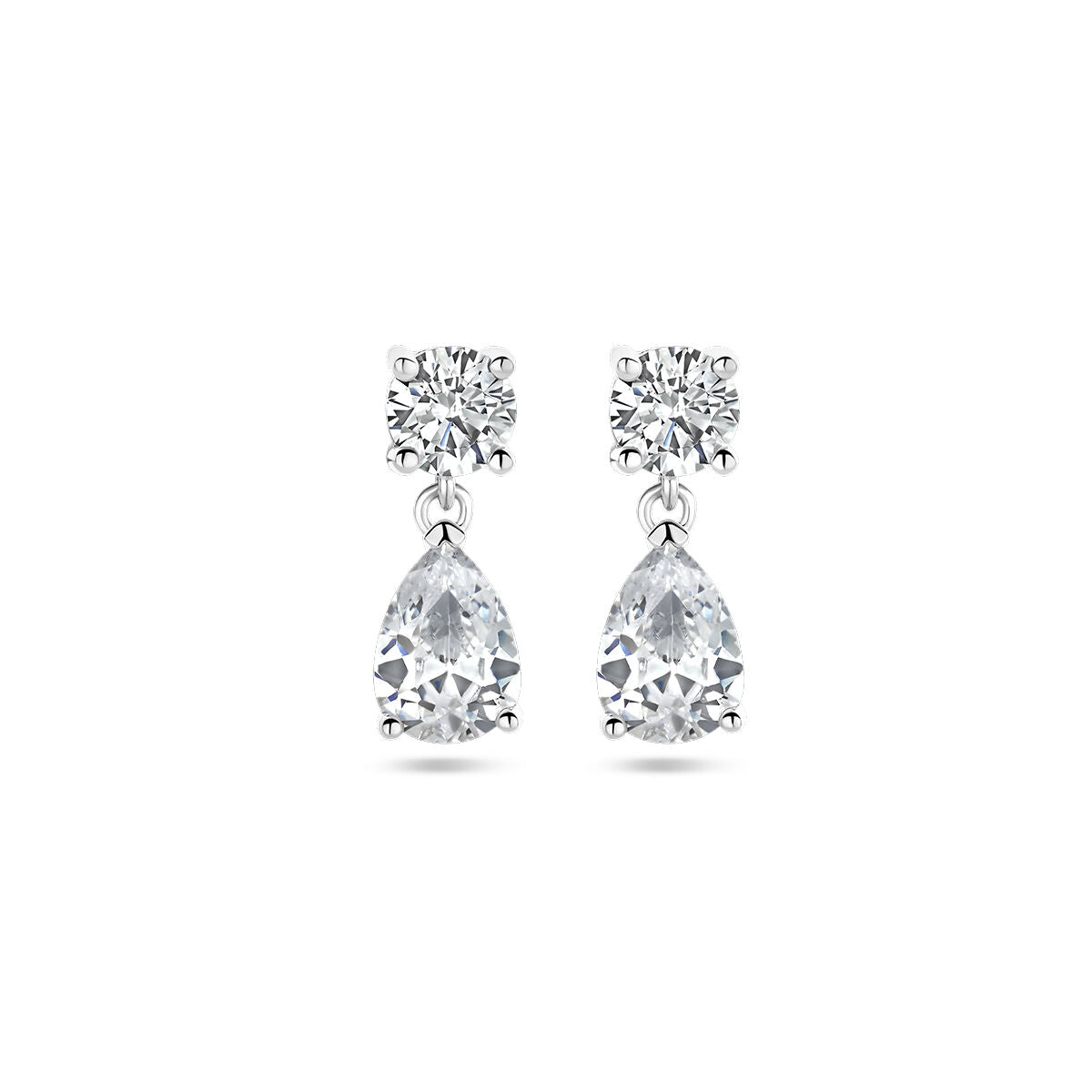 Pendientes largos de zirconia en plata rodiada con forma de gota y detalle brillante.