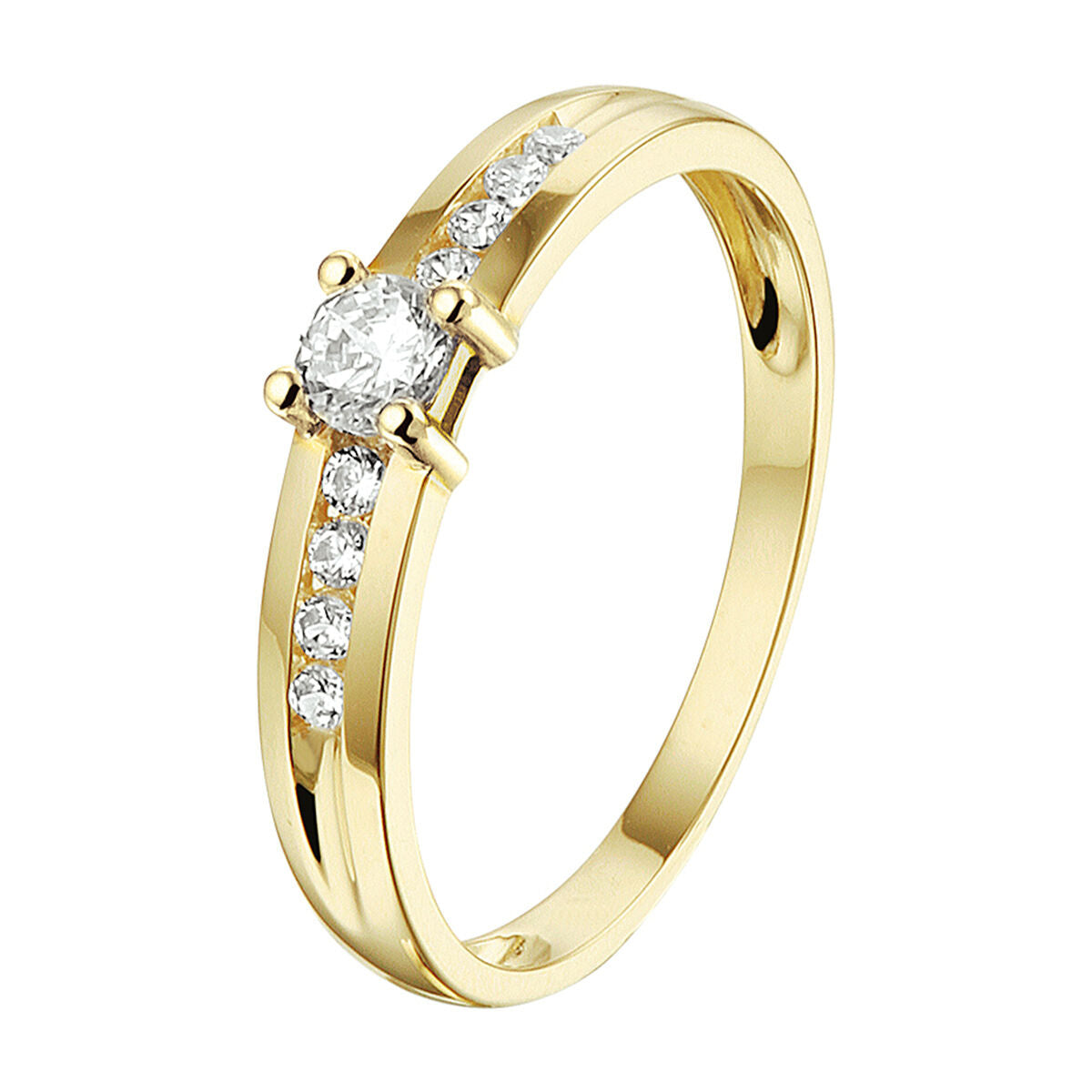 Anillo de oro amarillo de 14K con zirconias brillantes en el lateral y una piedra central.