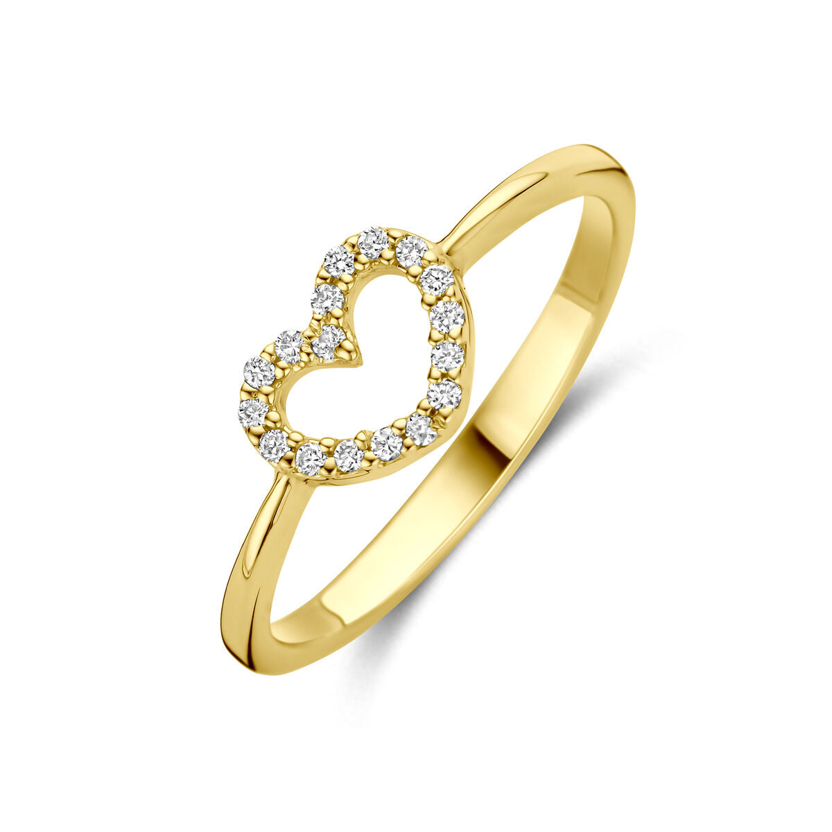 Anillo de dama en oro amarillo de 14k con forma de corazón y diamantes lab-grown.