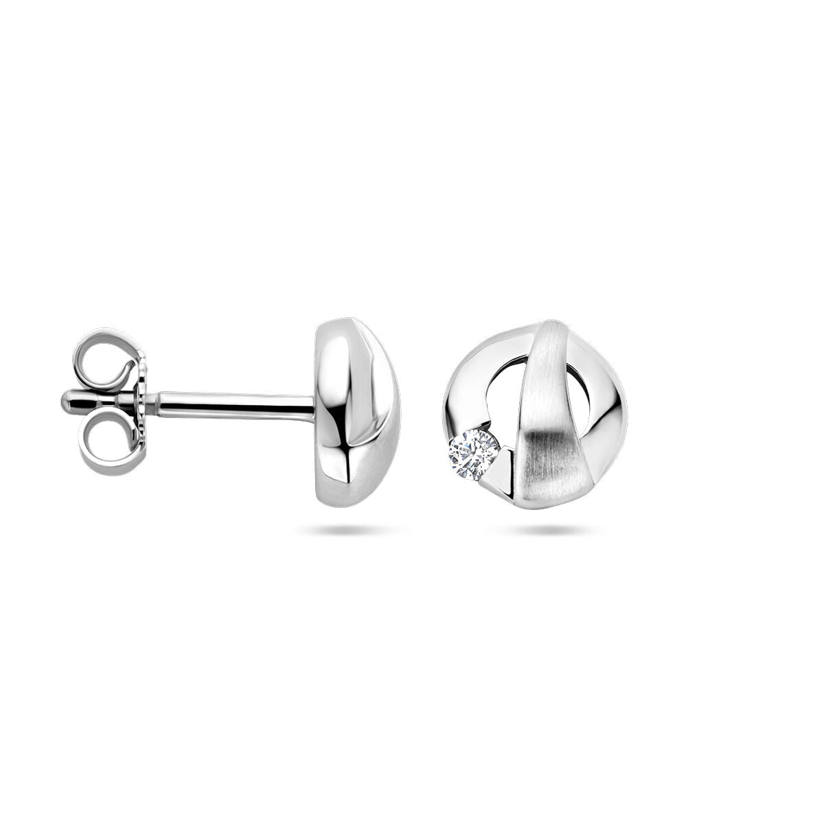 pendientes de botón de zirconia pulido/mate en plata rodiada
