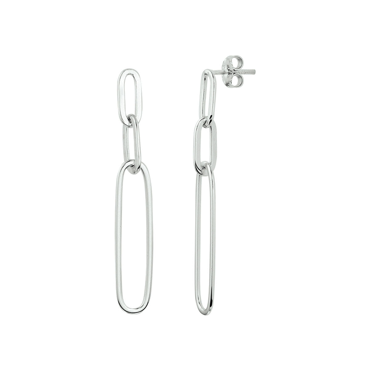 Pendientes largos de plata rhodinada con forma de clip de papel.